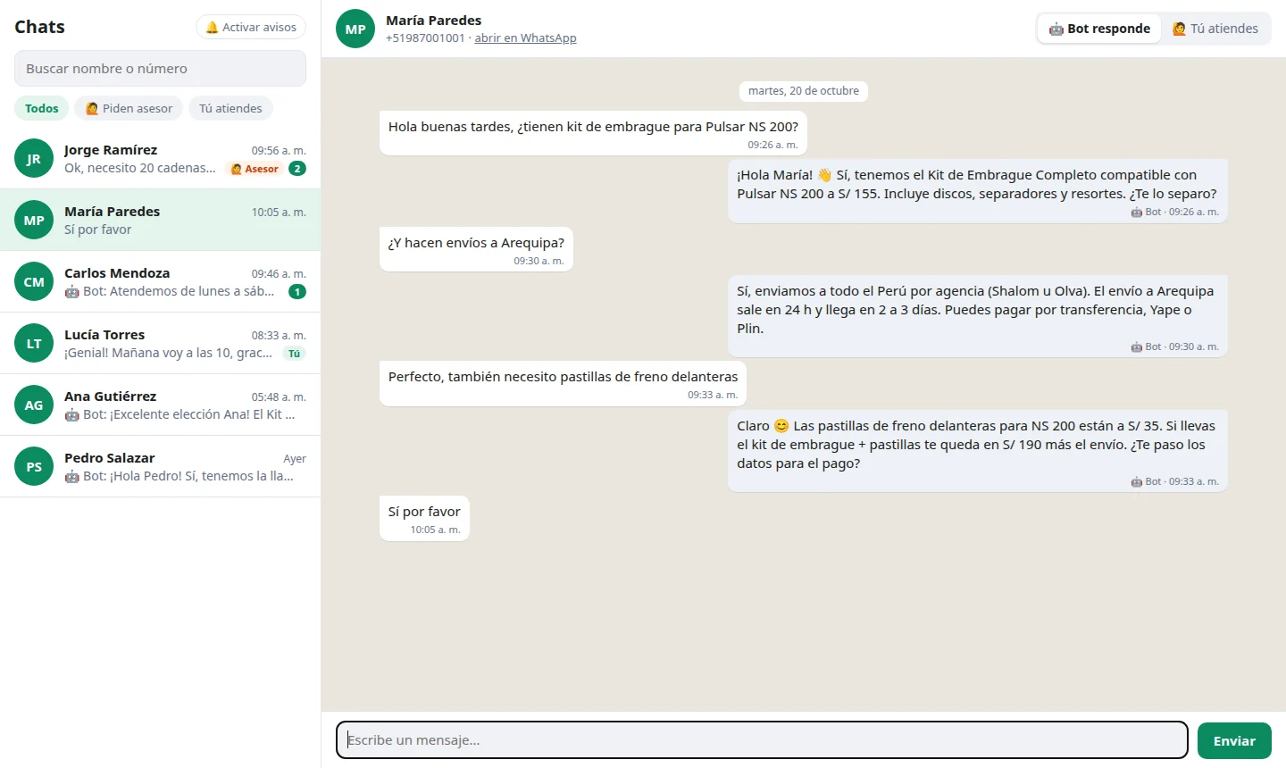 Captura real: BitBot CRM · Panel de chats
